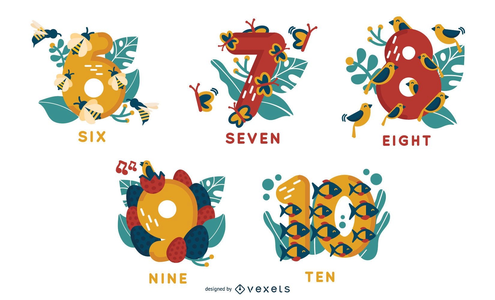 Animal Alphabet Numbers 6 to 10 Vector Set