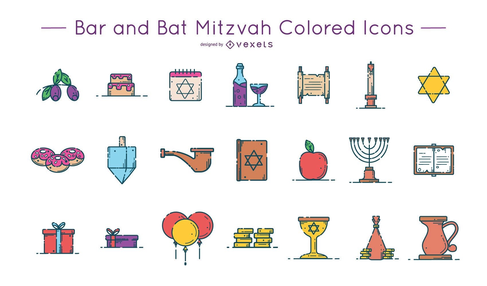 Pacote de ?cones coloridos de Bar e Bat Mitzvah