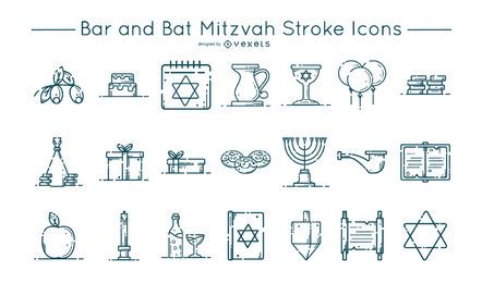 Conjunto de ícones de traçado de barra e morcego Mitzvah Conjunto de ícones de traçado de barra e morcego Mitzvah