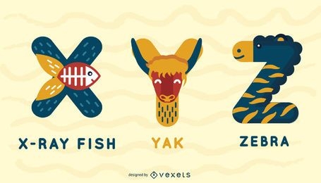 Diseño de ilustración de alfabeto animal XYZ