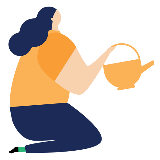 Watering can watering pot woman sitting flat PNG Design