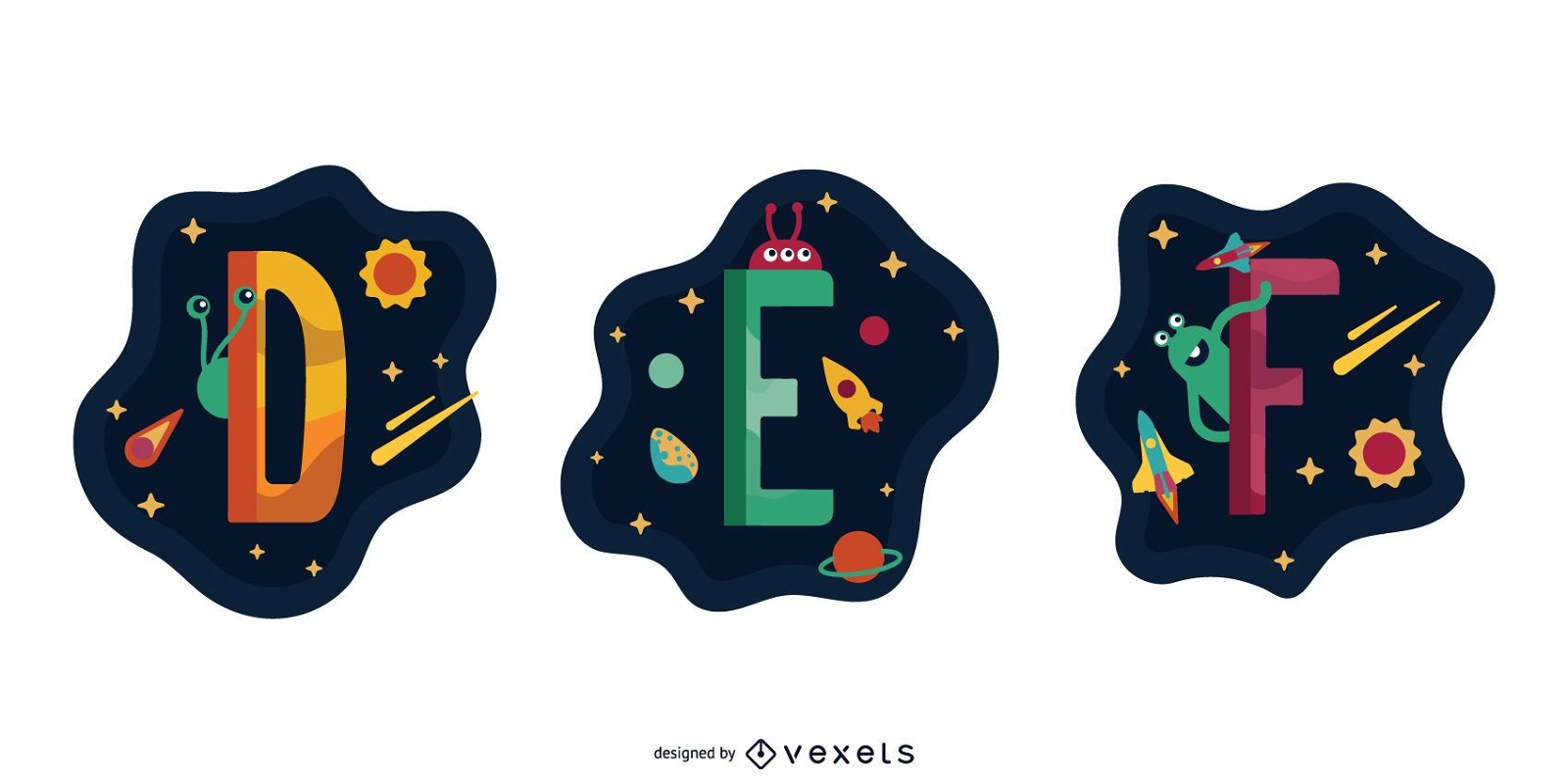 Space Garland Letter Vector Pack D E F