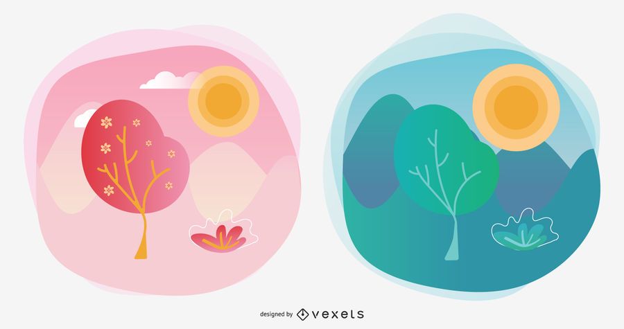 Conjunto de ilustración de vector de temporada de primavera y verano Conjunto de ilustración de vector de temporada de primavera y verano