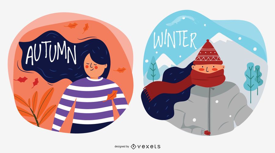Ilustraciones de vectores de caracteres de otoño e invierno Ilustraciones de vectores de caracteres de otoño e invierno