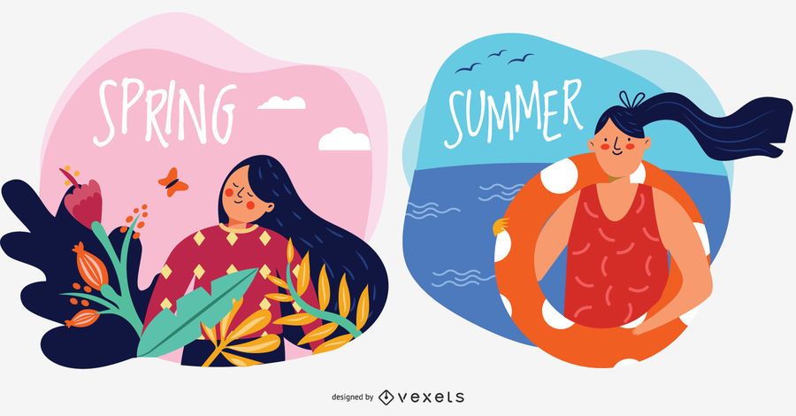 Ilustraciones vectoriales de personajes de primavera y verano Ilustraciones vectoriales de personajes de primavera y verano