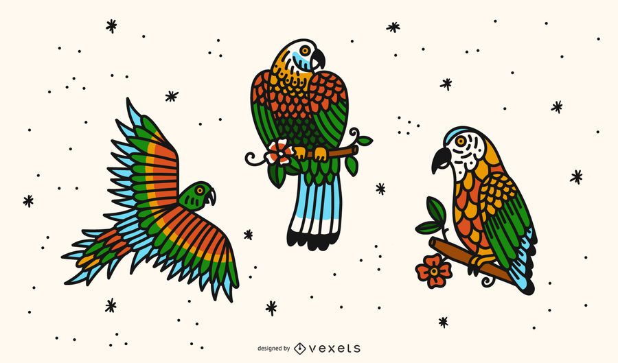 Papagei Old School Tattoo-Design-Set Papagei Old School Tattoo-Design-Set