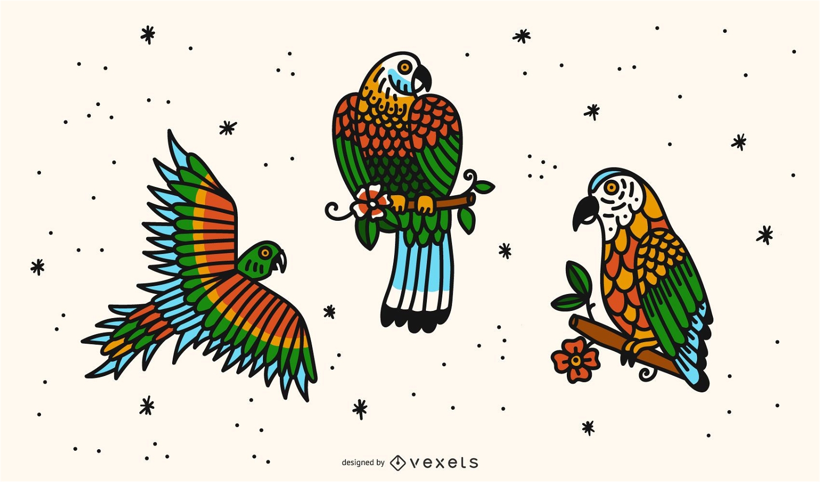 Conjunto de design de tatuagem da velha escola de papagaio