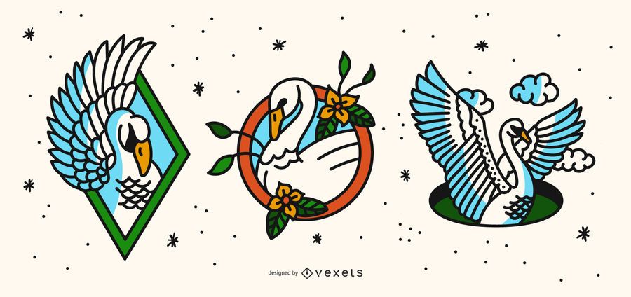 Swan Old School Tattoo Design Set Swan Old School Tattoo Design Set