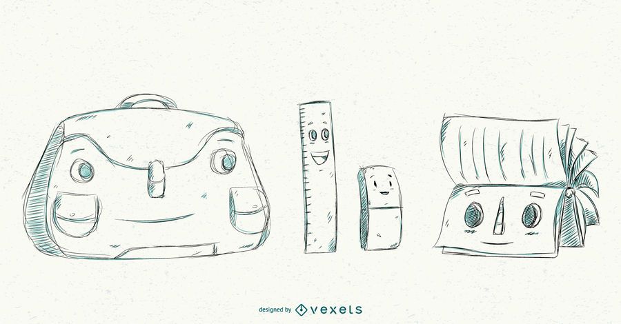 Conjunto de dibujos animados de elementos de escuela amigable Conjunto de dibujos animados de elementos de escuela amigable