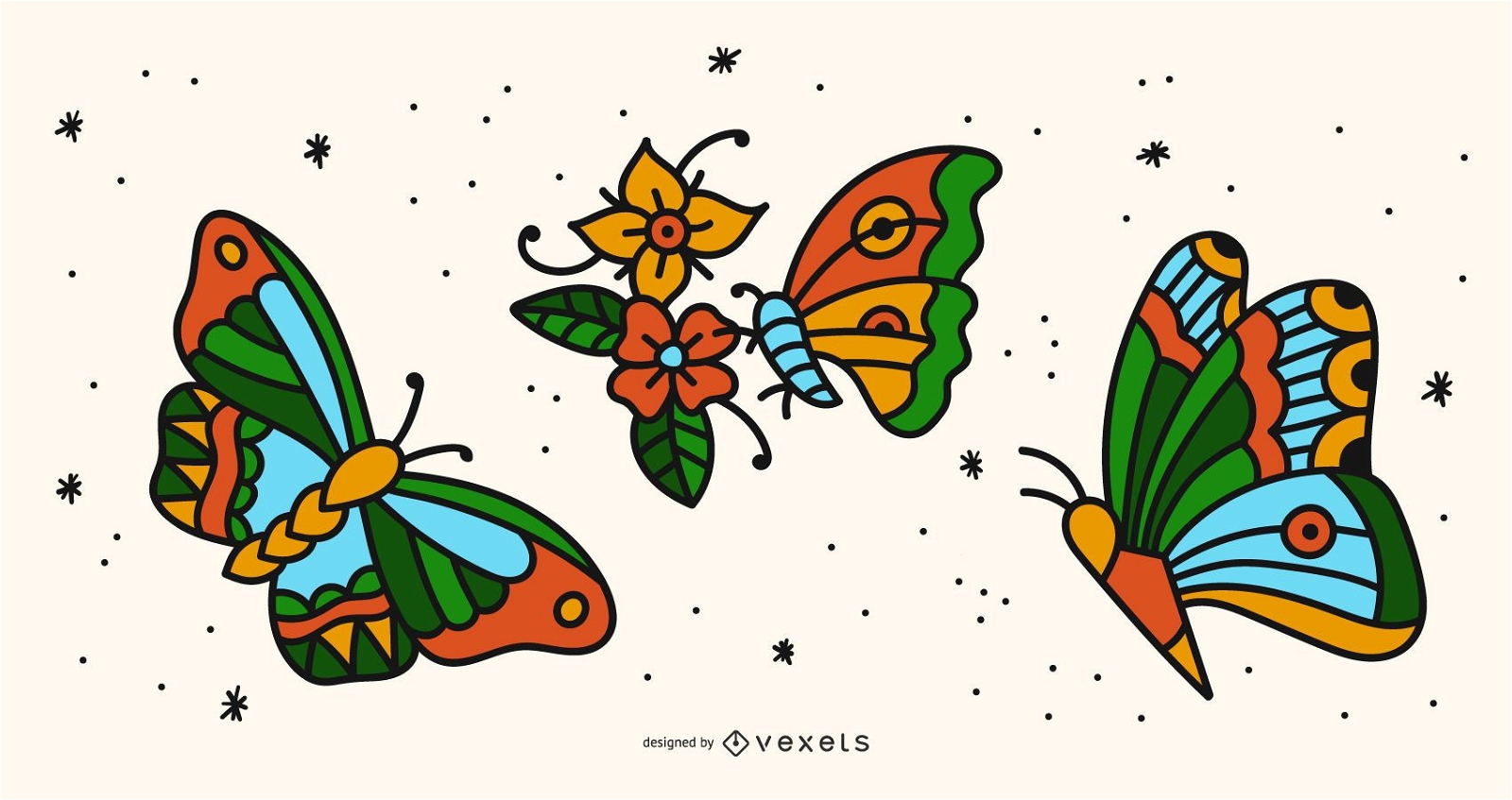 Conjunto de tatuaje de mariposa colorida