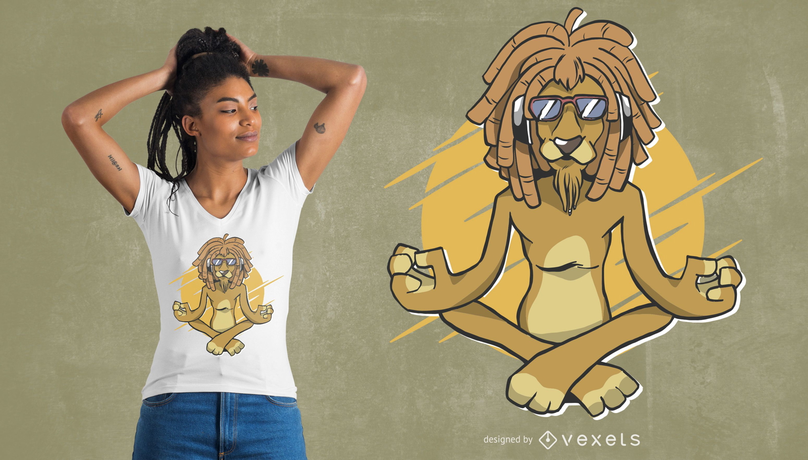 Diseño de camiseta rasta lion meditando