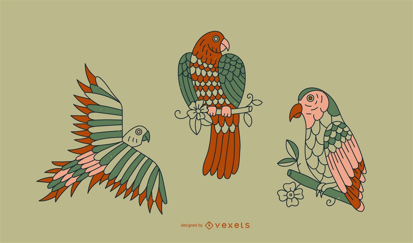 Design de linha de tatuagem de papagaio vintage