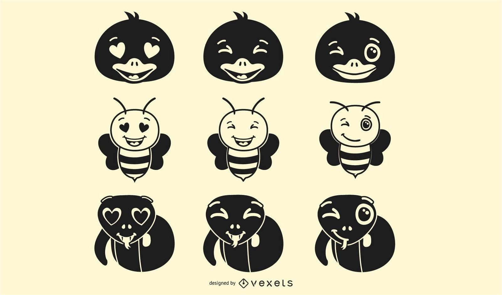 Conjunto de emoji de animales en blanco y negro