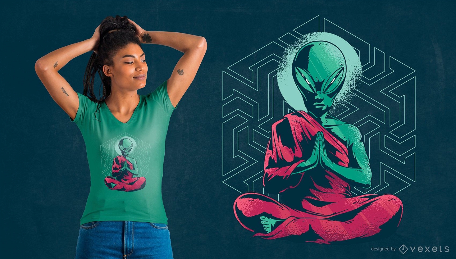 Design de camiseta para medita??o de monge alien?gena