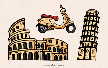 Conjunto de vectores de elementos de turismo de Italia Conjunto de vectores de elementos de turismo de Italia