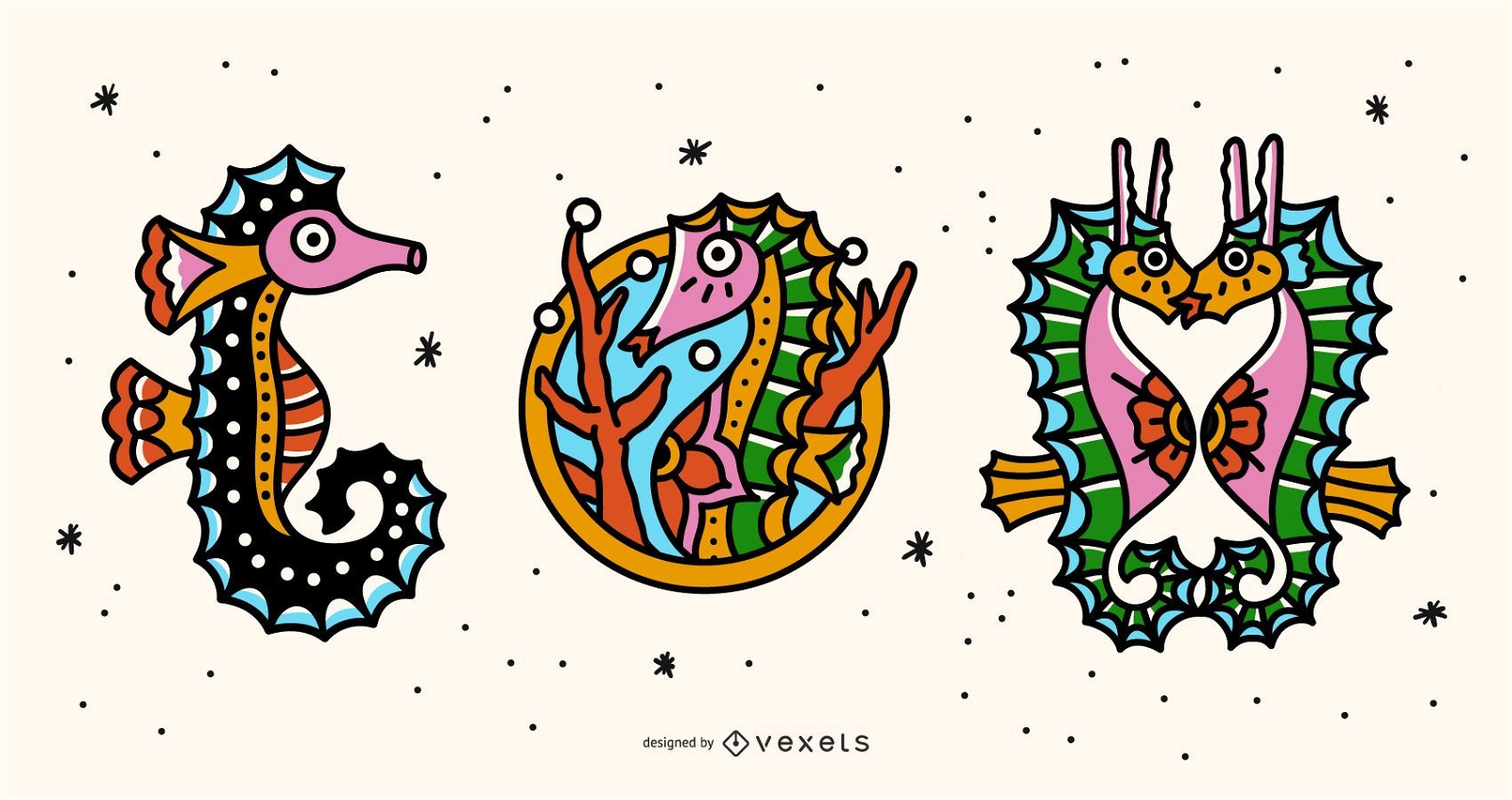Conjunto de tatuajes coloridos de caballito de mar