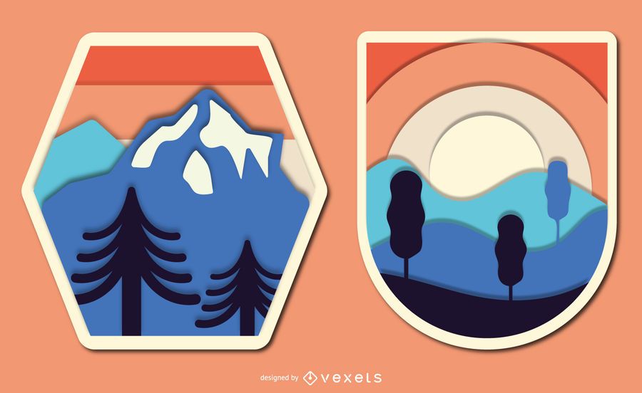Conjunto de distintivo de paisagem Papercut vintage Conjunto de distintivo de paisagem Papercut vintage