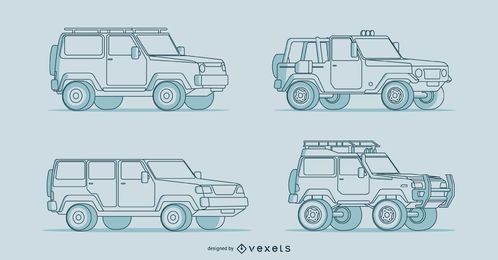 Four detailed hand-drawn car illustrations
