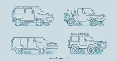 Vier detaillierte handgezeichnete Autoillustrationen