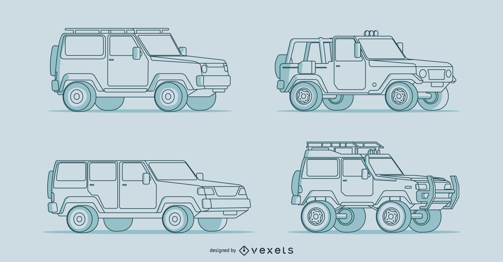 Quatro ilustrações detalhadas de carros desenhados à mão