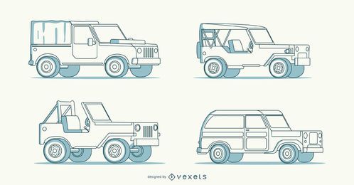 Cuatro intrincadas ilustraciones de coches dibujadas a mano.
