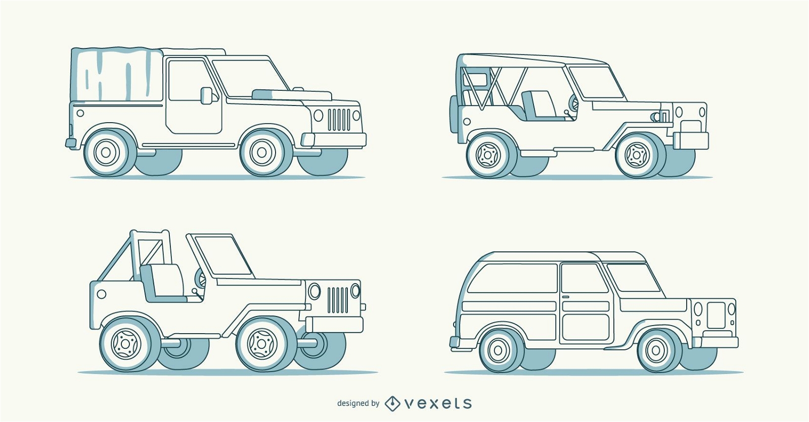 Four intricate hand-drawn car illustrations