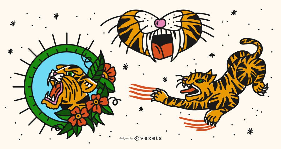 Conjunto de vetores de tatuagem de tigre Conjunto de vetores de tatuagem de tigre