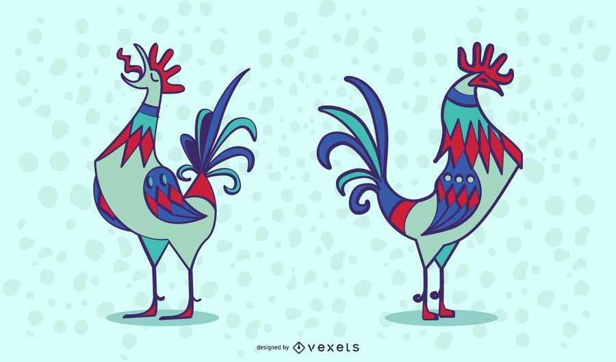Stylish Colored Rooster Illusration Set Stylish Colored Rooster Illusration Set