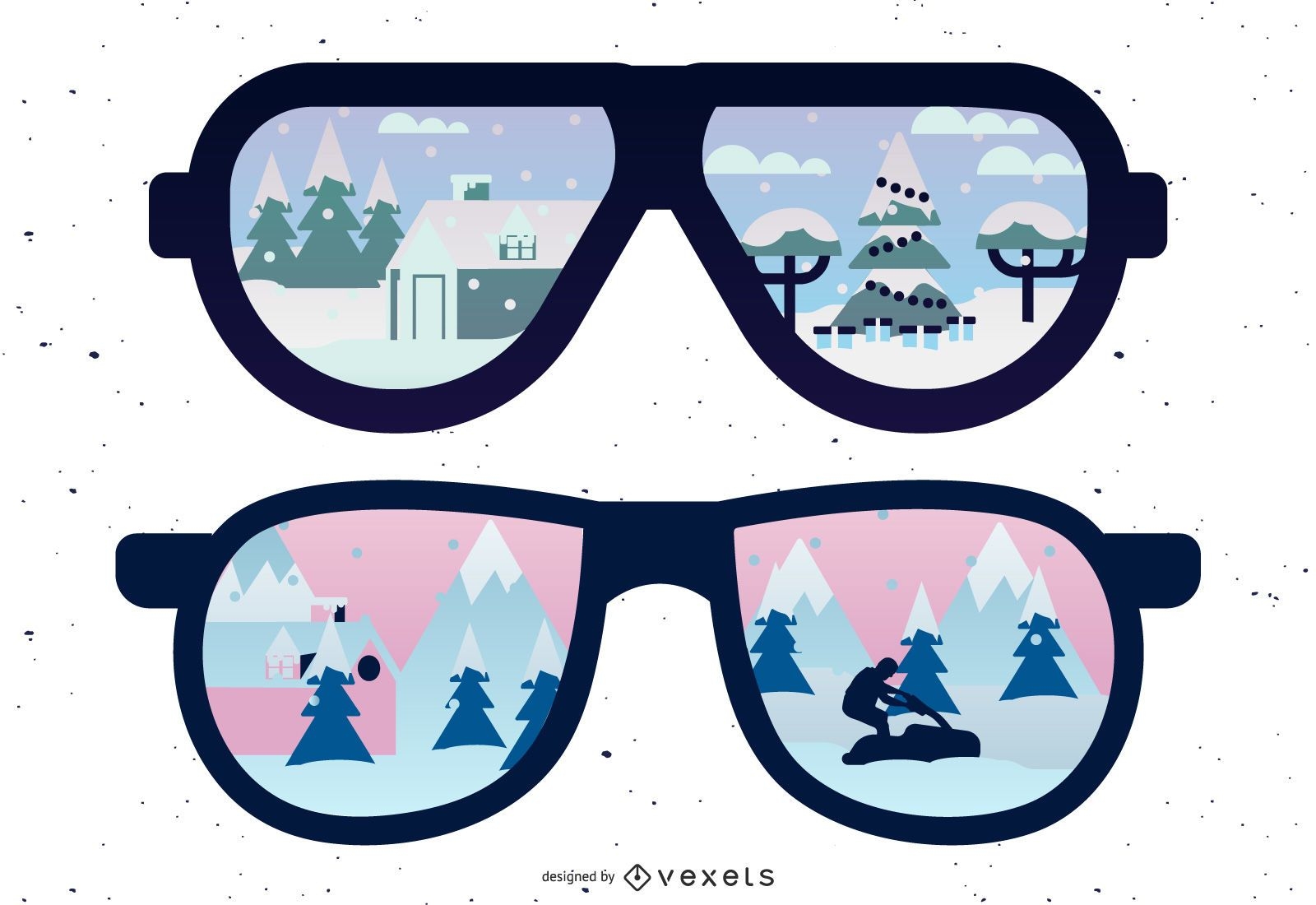 Reflejo de gafas de sol cubiertas de nieve