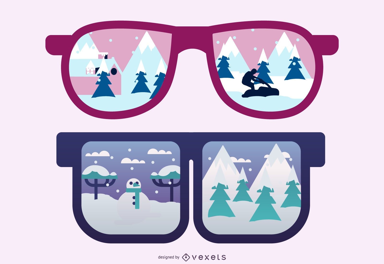 Sonnenbrille die Schnee widerspiegelt