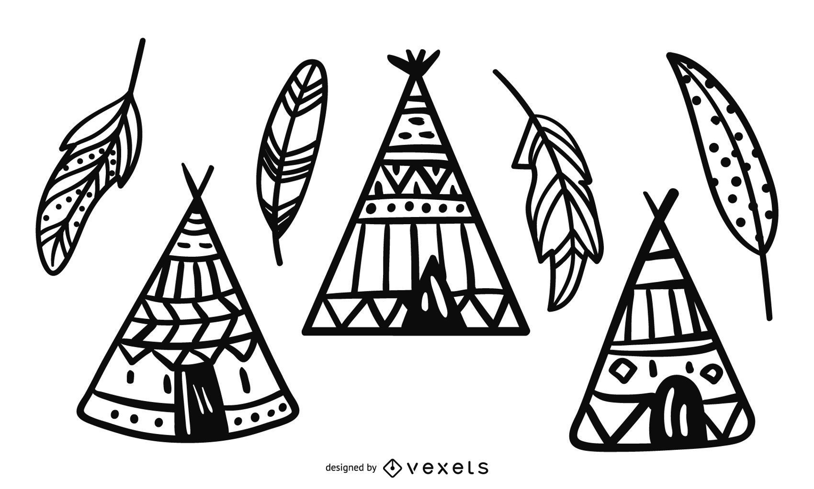 Ilustración de diseño de tipi y plumas