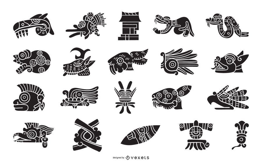 Conjunto de silueta de elementos aztecas Conjunto de silueta de elementos aztecas