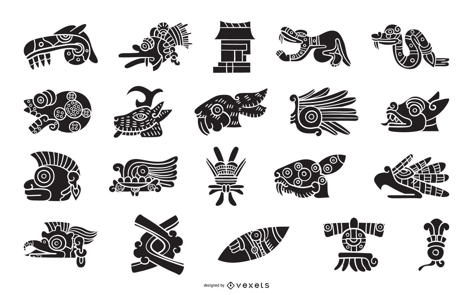 Conjunto de silhueta de elementos astecas