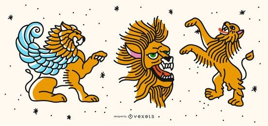 Conjunto de tatuagem de leão colorido