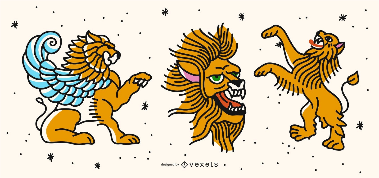 Colored lion tattoo set