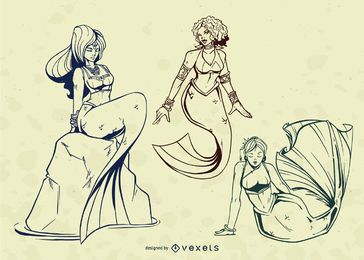 Conjunto de vetores de ilustração de traço de sereia