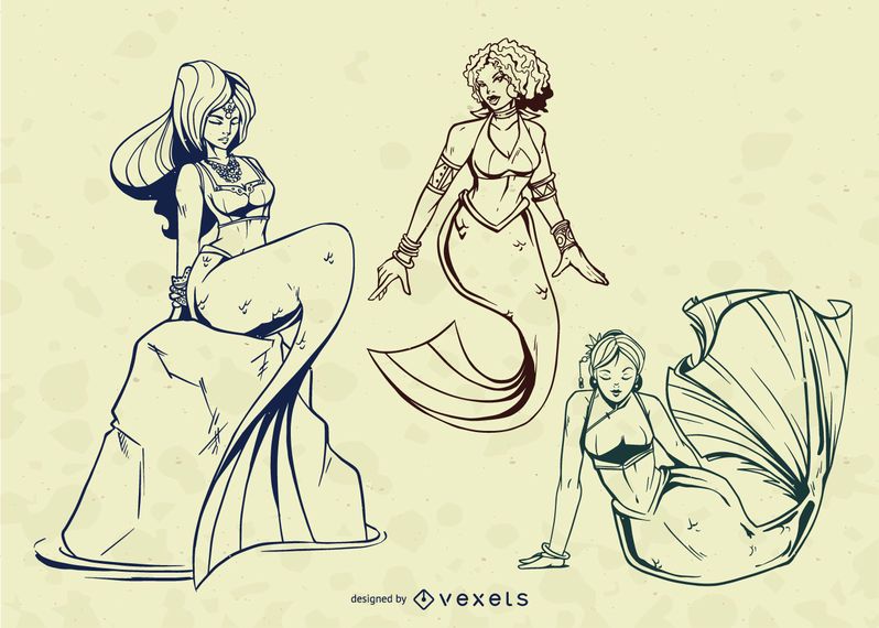 Mermaid Stroke Illustration Vector Set Mermaid Stroke Illustration Vector Set