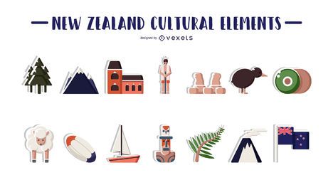 Ilustração de elementos culturais da Nova Zelândia Ilustração de elementos culturais da Nova Zelândia