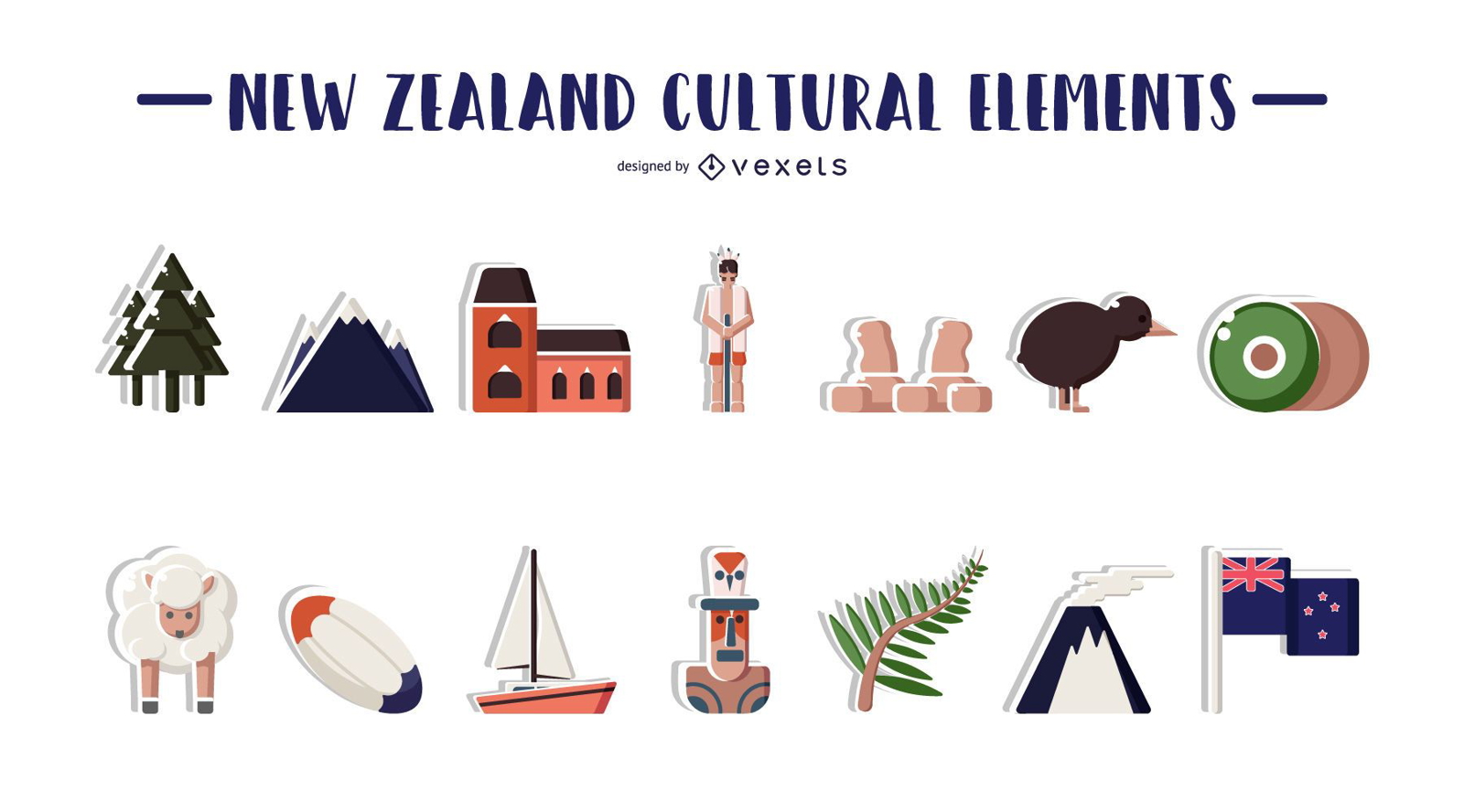 Ilustração de elementos culturais da Nova Zelândia