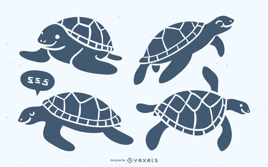 Cute Sea Turtle Blue Silhouette Set Cute Sea Turtle Blue Silhouette Set