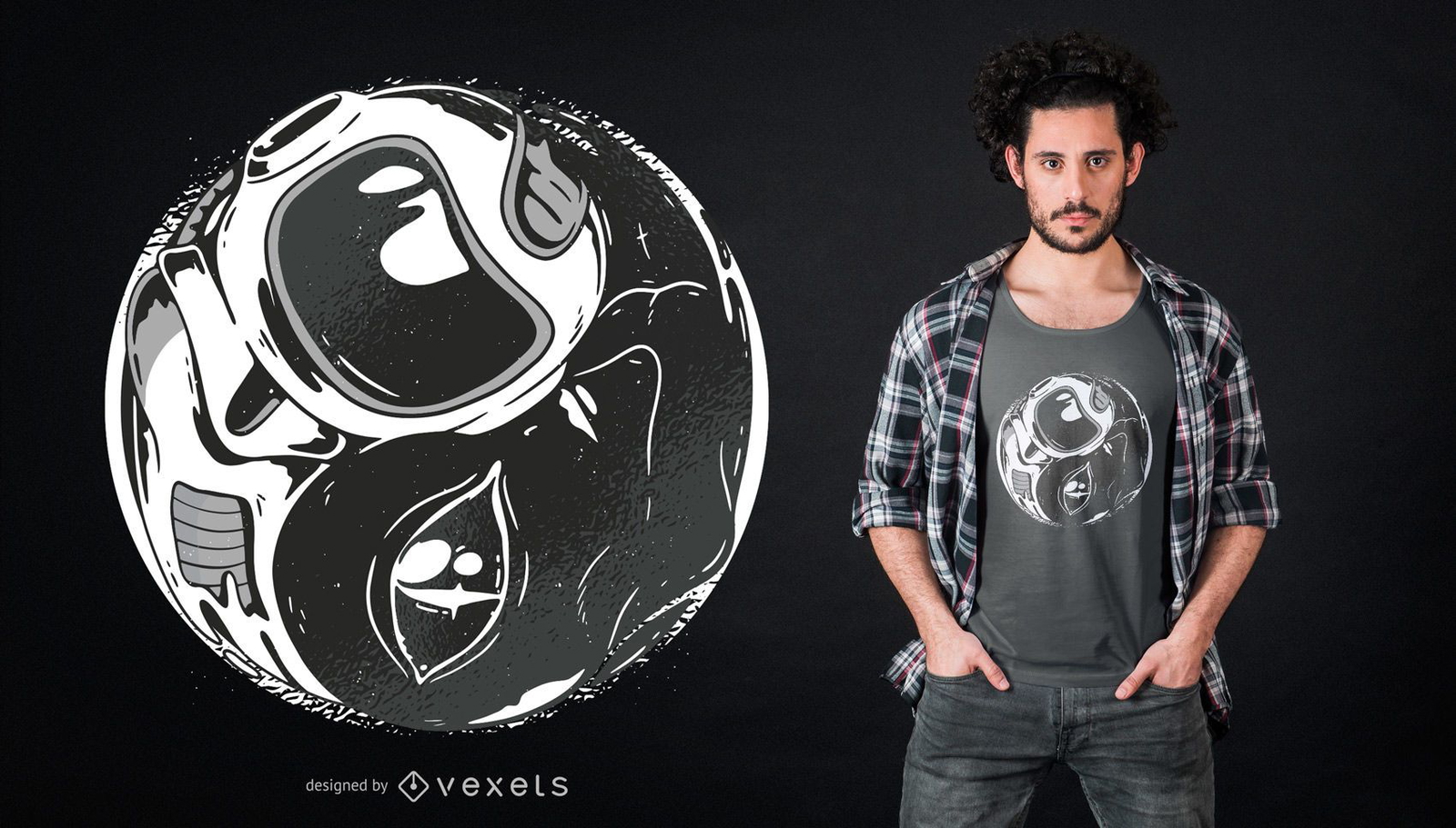 Design de camiseta de astronauta alienígena Yin Yang