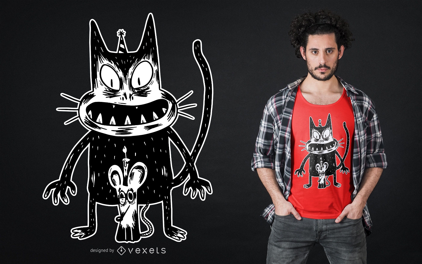 Design de camiseta para gato e rato assustador