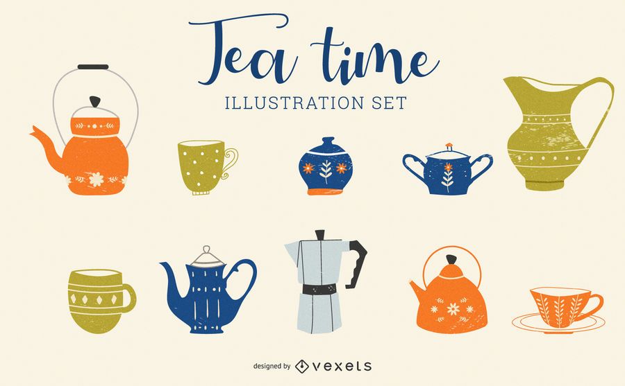 Tea Time Cartoon Illustration Set Tea Time Cartoon Illustration Set