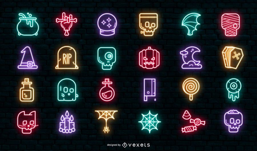 Neon halloween icon set Neon halloween icon set