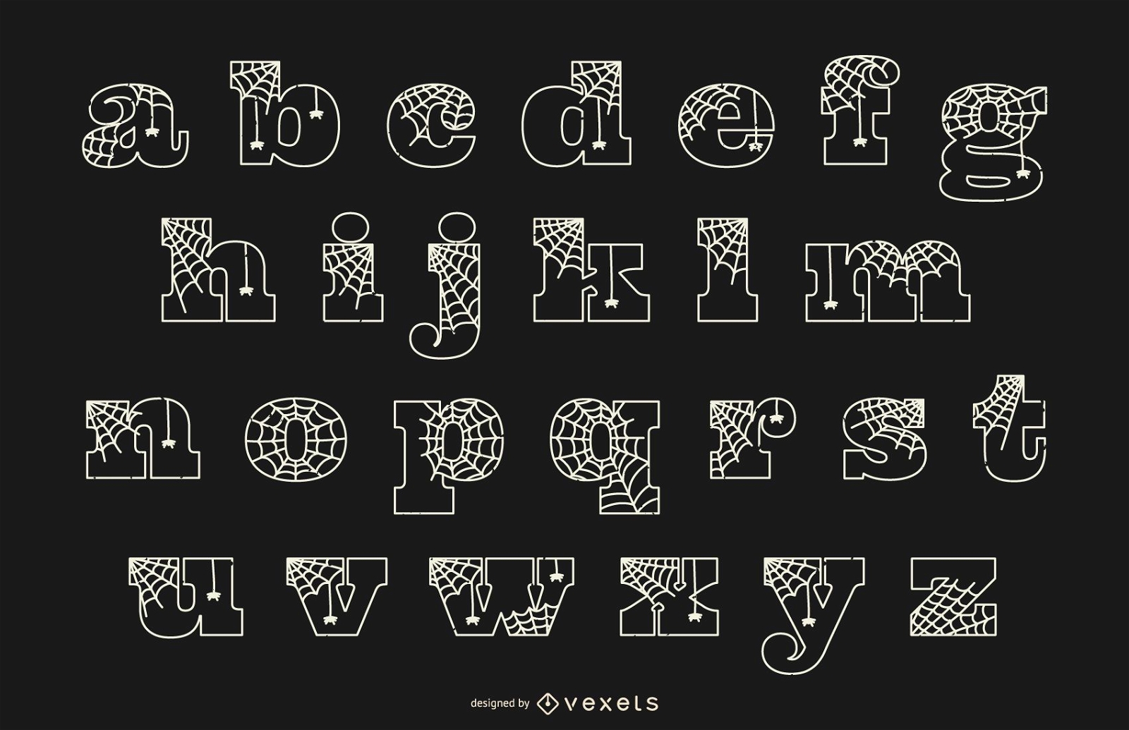 Linha de aranha em letras minúsculas do alfabeto