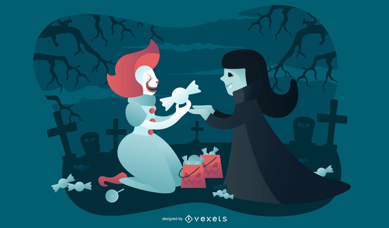 Clown and vampire halloween illustration