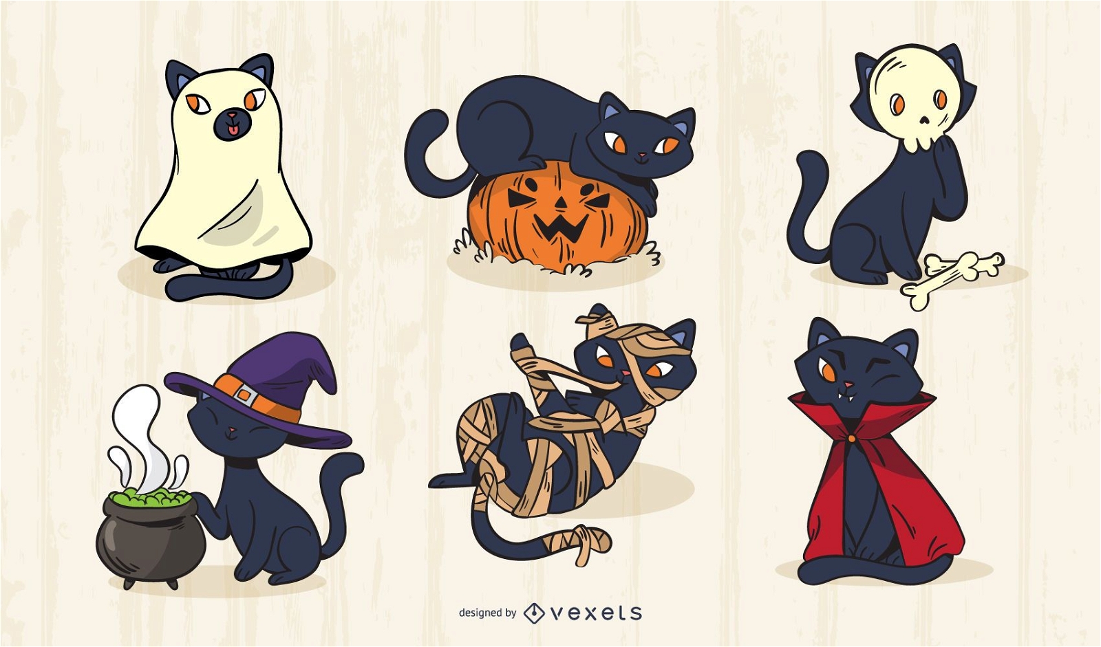 Conjunto de vectores de gato de Halloween