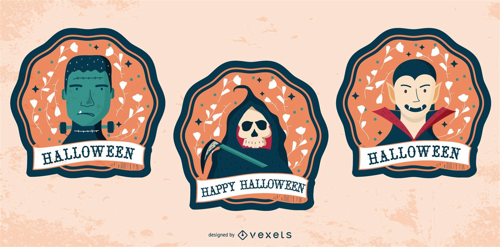 Conjunto de insignias de personajes de Halloween feliz