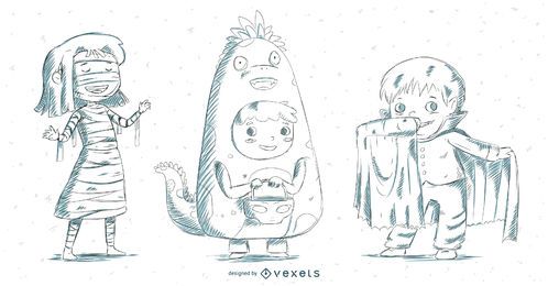 Hand drawn kid costumes set