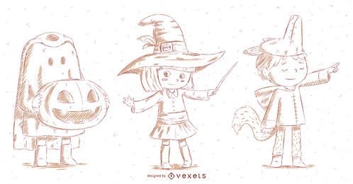Conjunto de caracteres desenhados à mão para Halloween